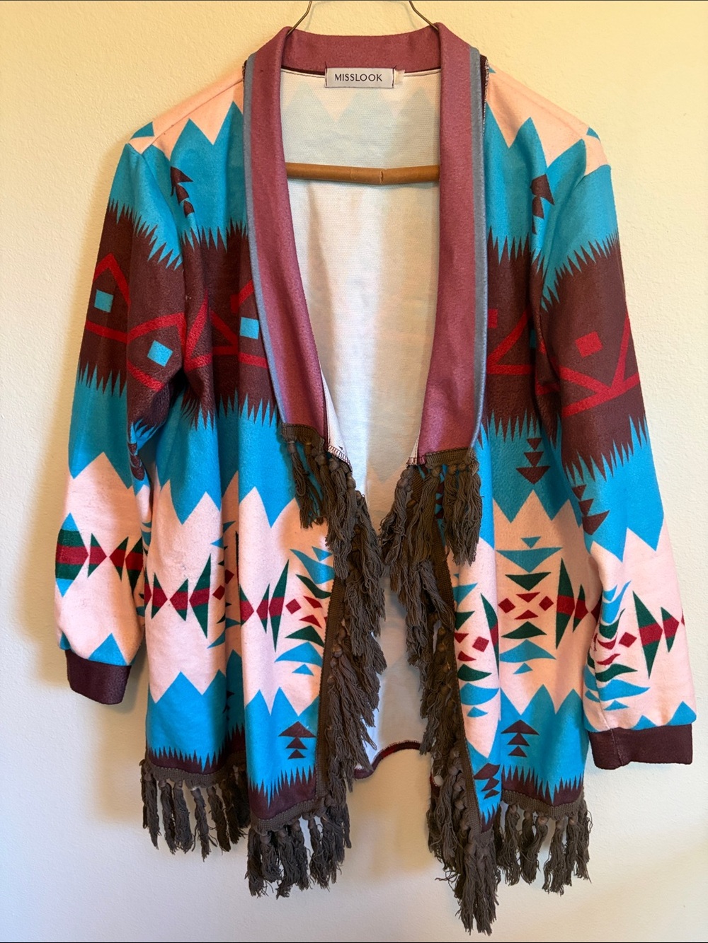 MISSLOOK Turquoise Brown Aztec Fringe Open Cardigan